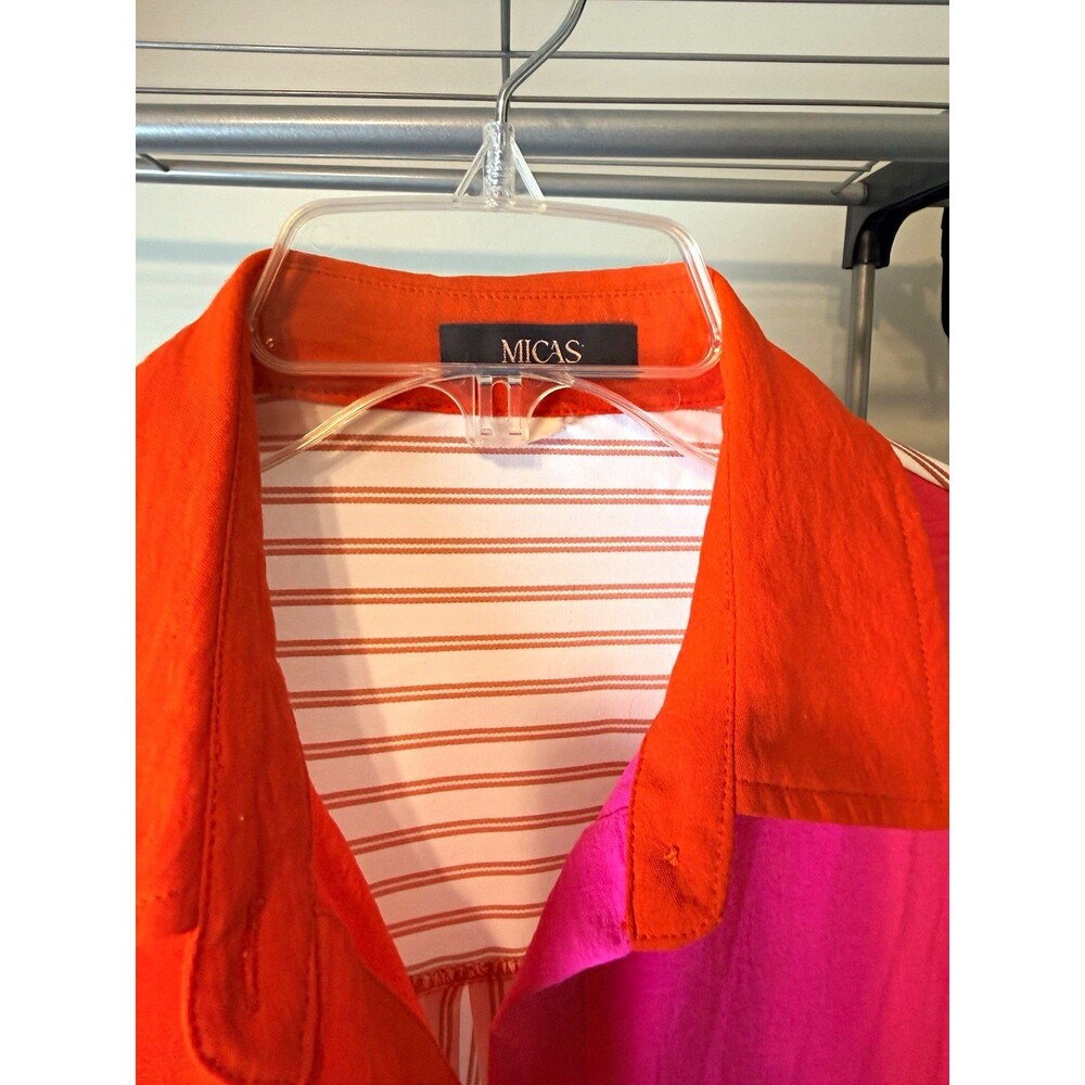 Micas Women's Orange Pink White Striped Collared Button-Up Pocket Shirt Size L
